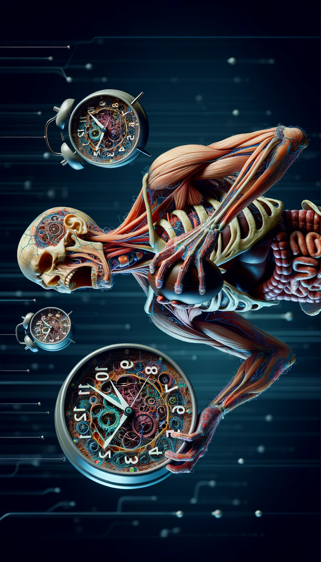 corpo umano anatomico CHE TIENE OROLOGI NELLE MANI E STA IMPAZZENDO PERCHé NON RIESCE A SVOLGERE TUTTE LE SUE ATTIVITà QUOTIDIANE: NON HA TEMPO, iperrealistico 4k emoji