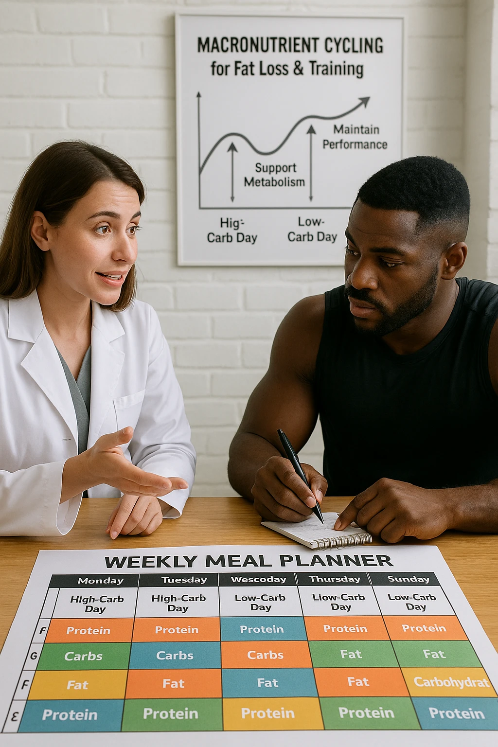 a nutritionist explains to an athlete how to cycle macronutrients for fat loss and training. On the desk, a weekly meal planner shows alternating high-carb and low-carb days, with color-coded sections for proteins, fats, and carbs. The athlete takes notes, and a chart in the background illustrates the benefits of nutrient cycling. The mood is professional and educational. scritto in italiano emoji