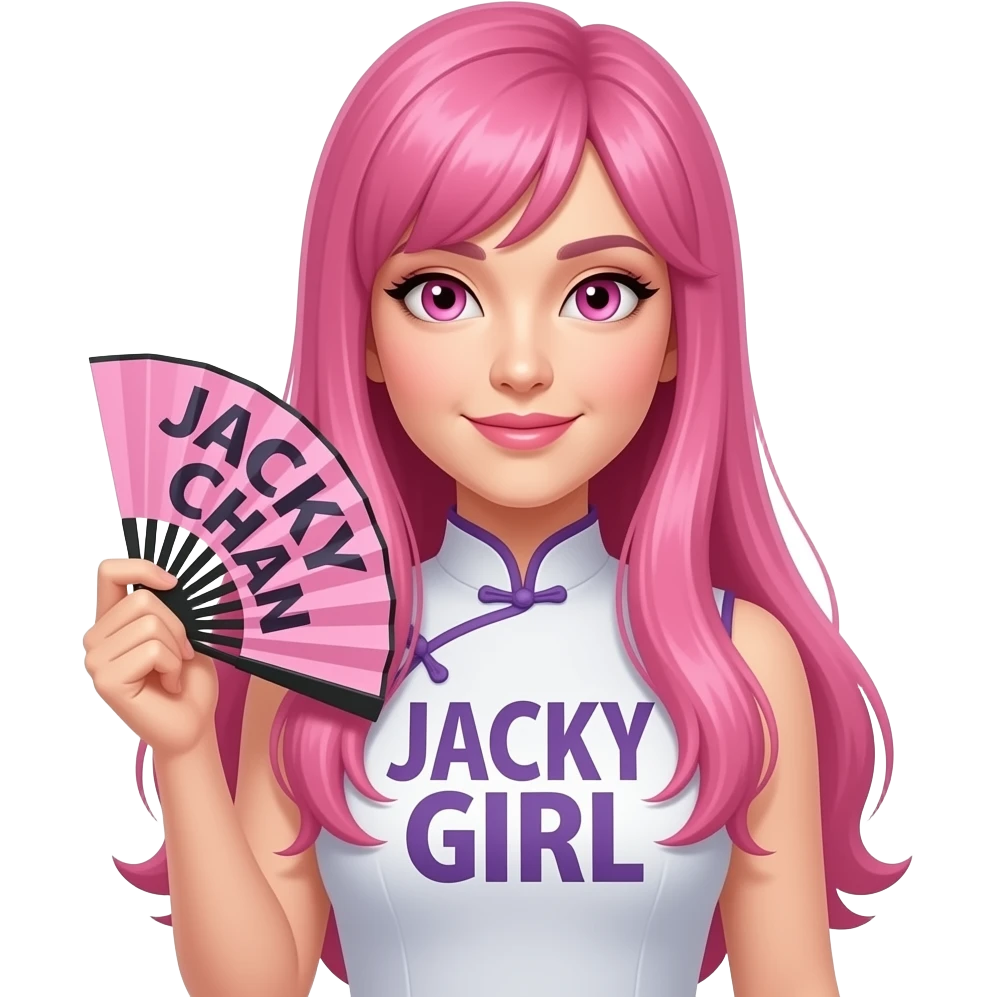 sexy girl with long pink hair and pink eyes holding JACKY CHAN FAN GIRL sign emoji