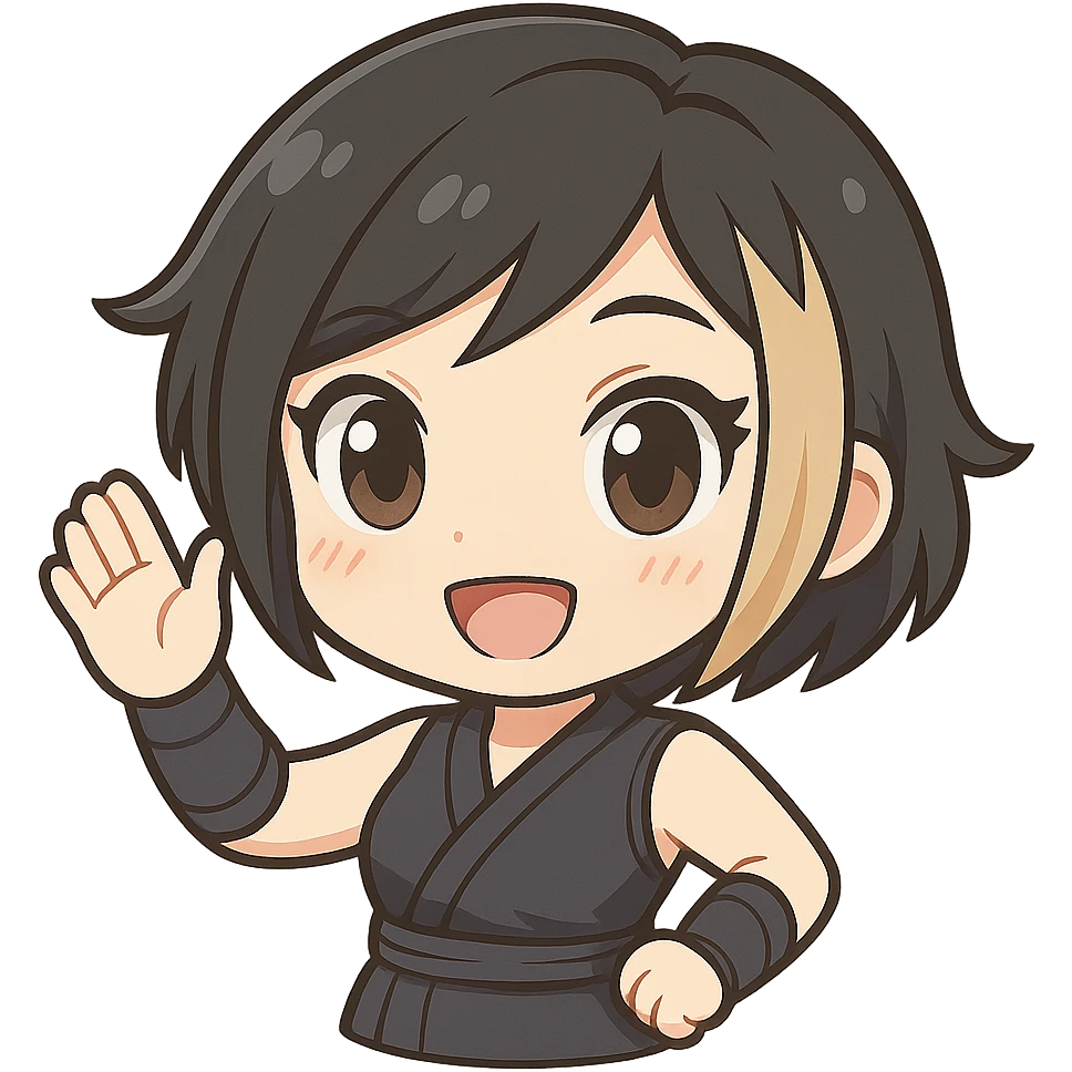 Make this exact chibi ninja girl wave to the left, keeping the same anime chibi style, face, outfit, and colors. Only change the arm position for animation. Transparent background, sized for Twitch emoji use. emoji