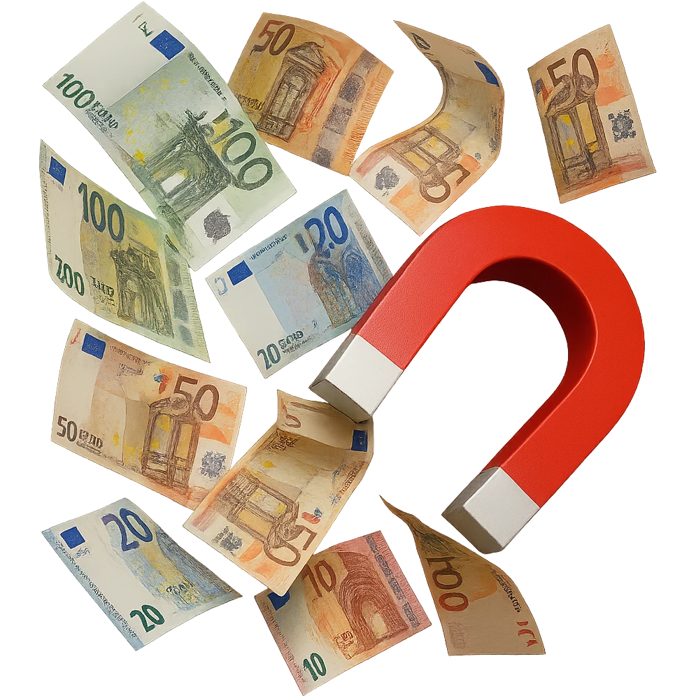 banconote di euro fluttuano vicino ad una calamita rossa, sono attratte, iperrealistico 4k emoji