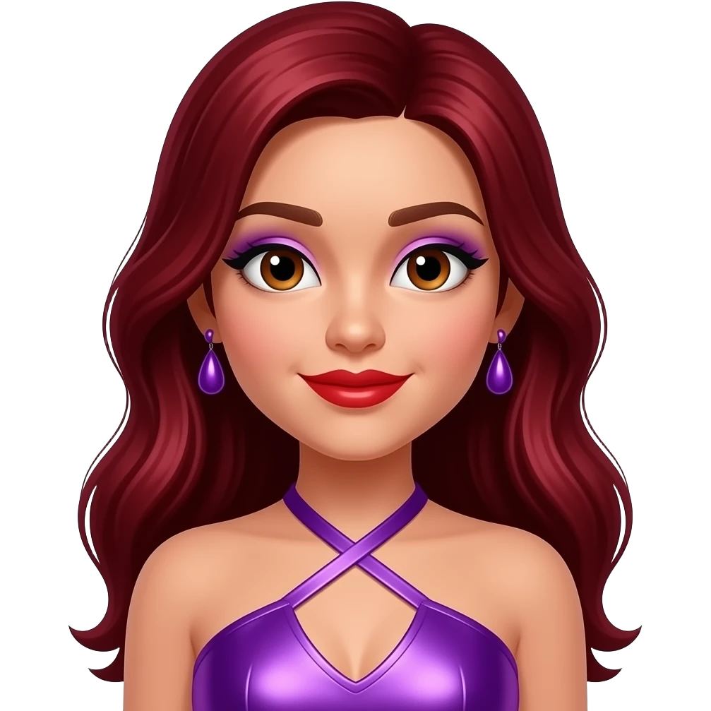 Nomz from The Next Kidz with white skin, hazel eyes, long dark red hair, lilac eyeshadow, red lipstick, purple metallic halter dress, lilac earrings emoji