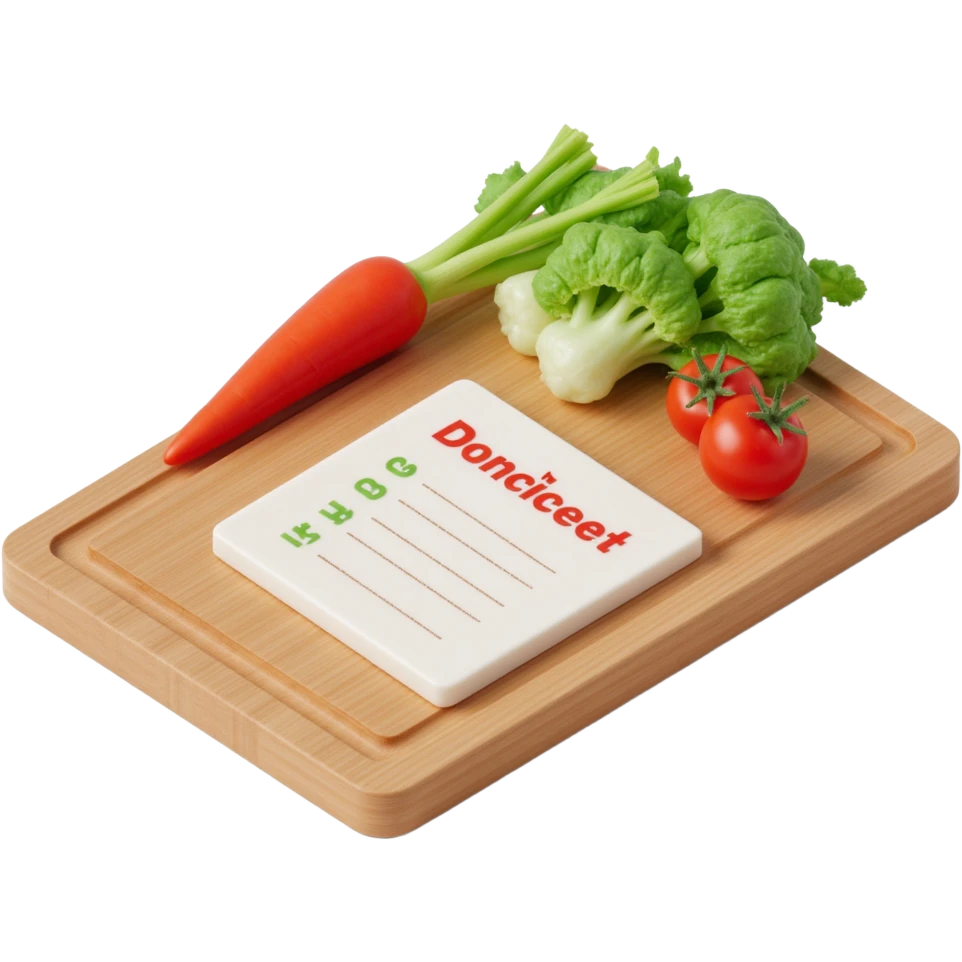Ingredients on teh wooden cutting board with floating list  emoji