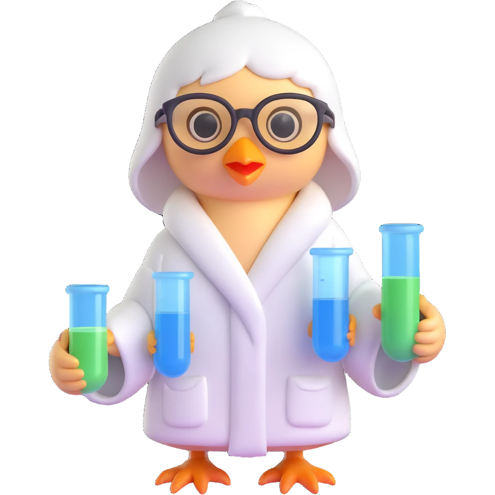 Add scientist glasses to the cute chick in a robe holding test tubes and beakers, 3D style, no background. emoji
