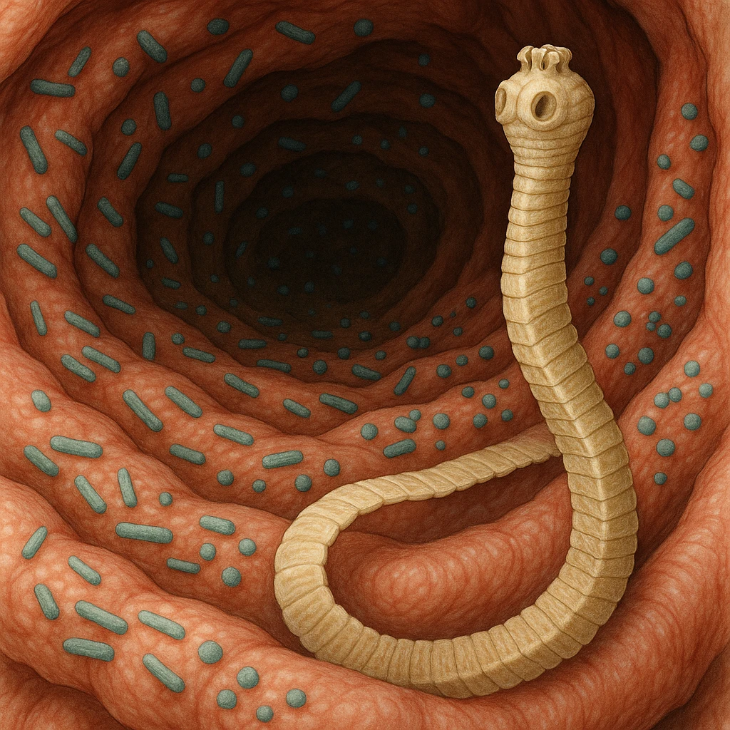 a medical illustration of a human realistic gut with bacteria and parasyte (tenia) realistic  emoji