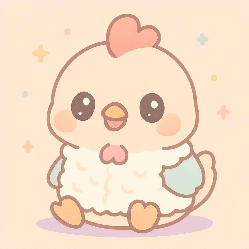 cute chicken sitting down wearing a fluffy white pile vest, kawaii style emoji