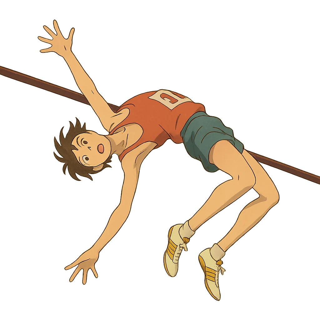 ghibli style high jump athlete, dramatic jump emoji