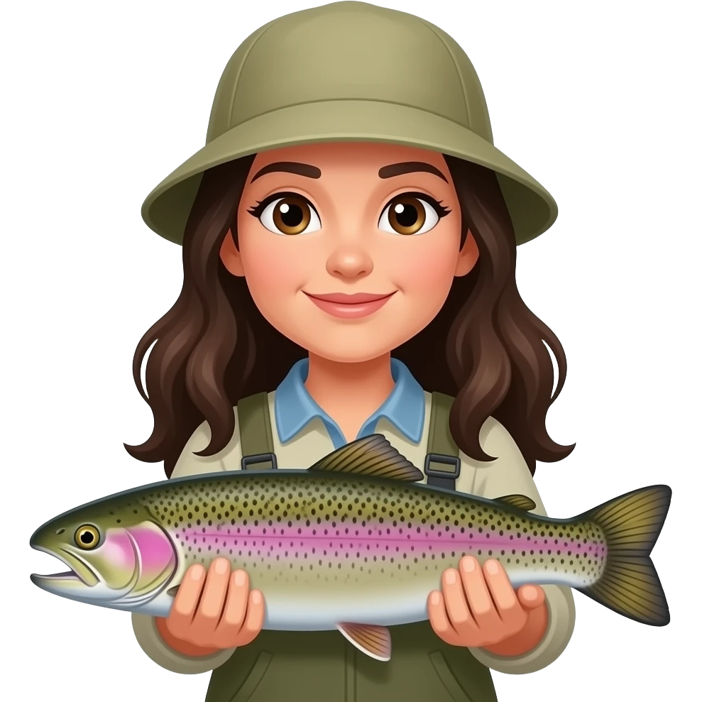Brunette fisher woman with long dark hair and rainbow trout emoji