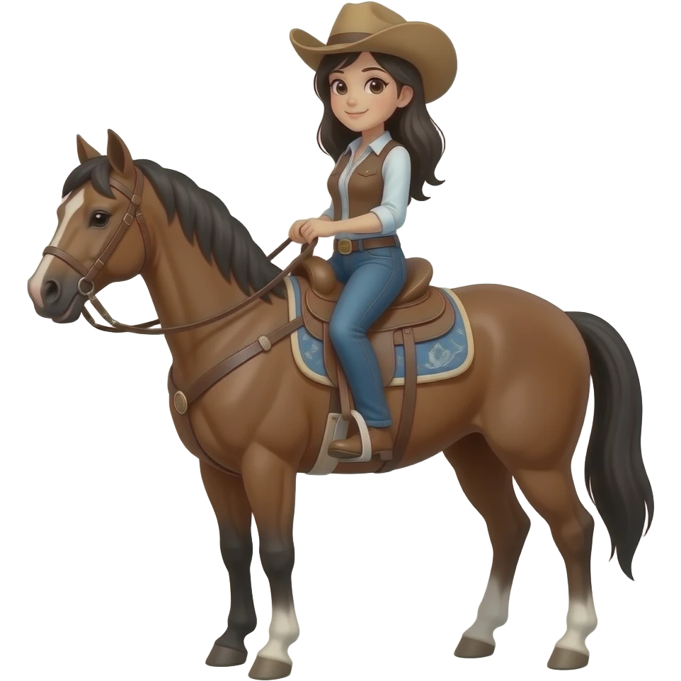 Black haired cowgirl riding on a horse emoji