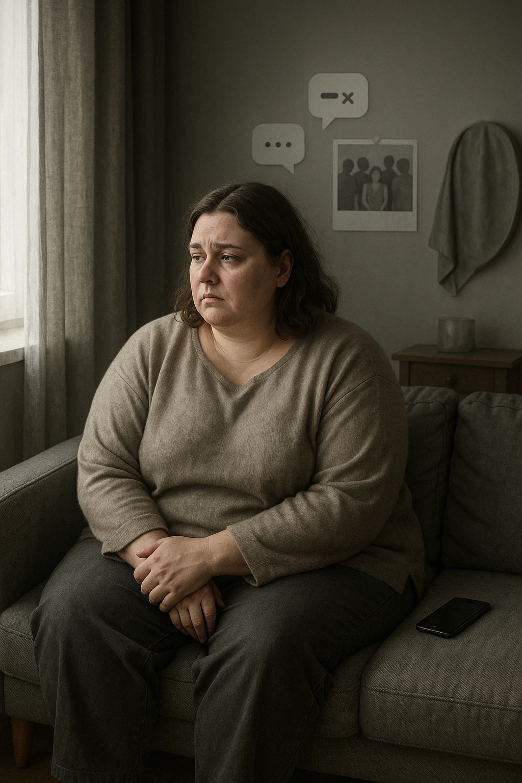 Donna tra i 30 e i 40 anni seduta sola su un divano, con espressione malinconica e corpo visibilmente appesantito. Indossa abiti larghi, avvolgenti, e guarda fuori dalla finestra mentre il telefono è spento o con notifiche ignorate accanto a lei. Sullo sfondo, si notano segnali di vita sociale assente: messaggi non letti, inviti ignorati, foto di gruppo a cui non partecipa. L’atmosfera è silenziosa, con luce grigia e ambiente spento. Intorno a lei, simboli di ritiro e insicurezza: tende chiuse, specchio coperto, postura chiusa. Stile realistico, tono delicato ed emotivo emoji