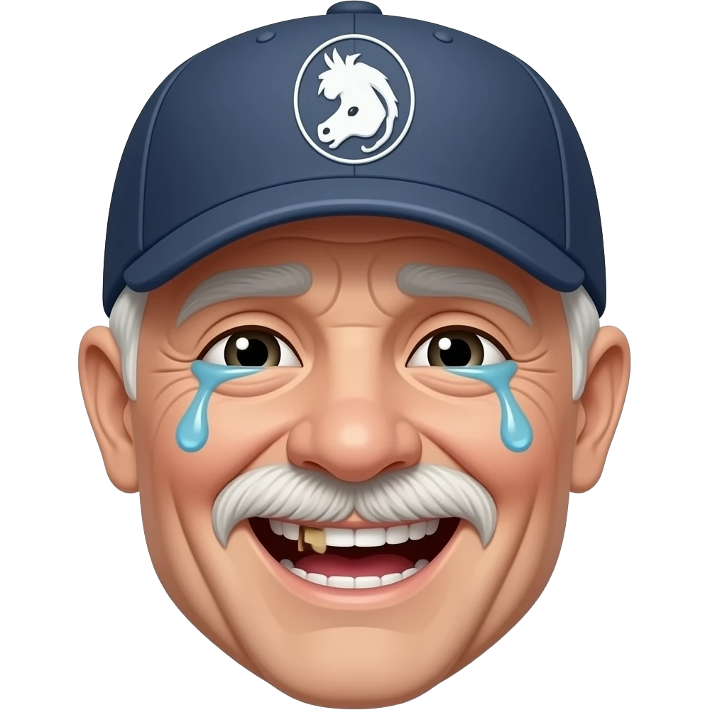 an old man wearing a baseball cap with few missing teeth laughing like a horse with tears in his eyes emoji