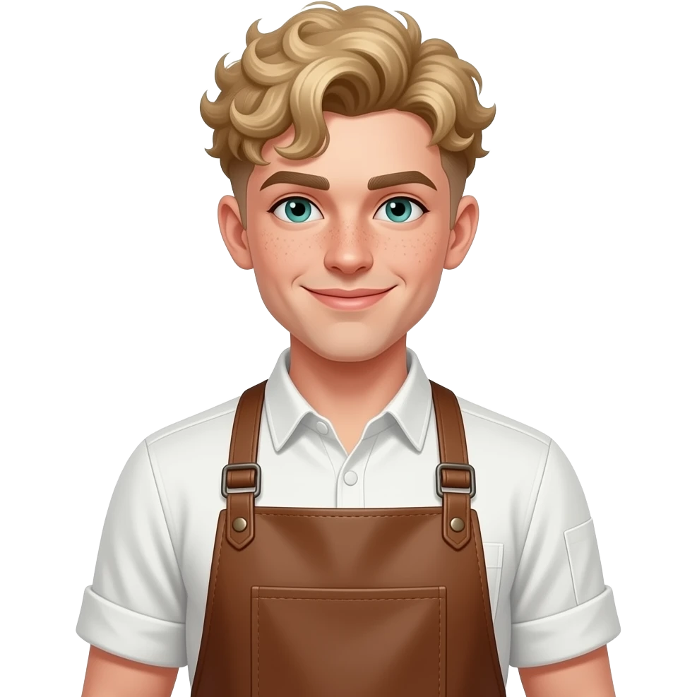 an androgynous lesbian chef with an apron and dirty blonde curls on top and with a tight fade on the sides - androgynous  short sleeve canvas white button up with rolled sleeves, and a tan leather apron. happy blue/green eyes, asymmetrical mouth closed smile and a few freckles emoji