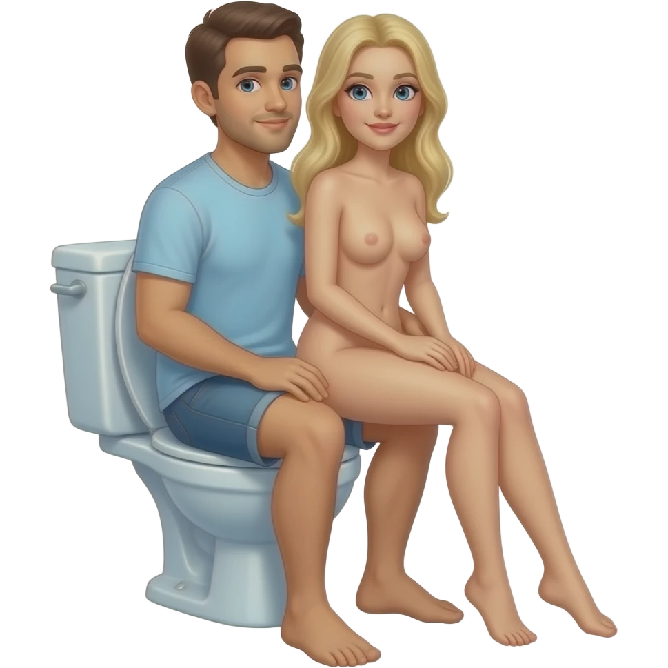 A man sits on the toilet. A naked white blonde woman sits on his lap emoji