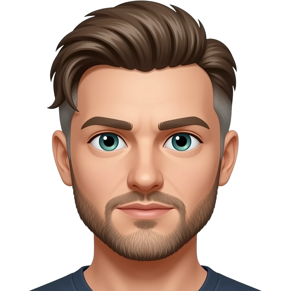 Mullet with side flares, hazel blue green eyes, some grays with mostly hazel hair, 5 o’clock shade beard emoji