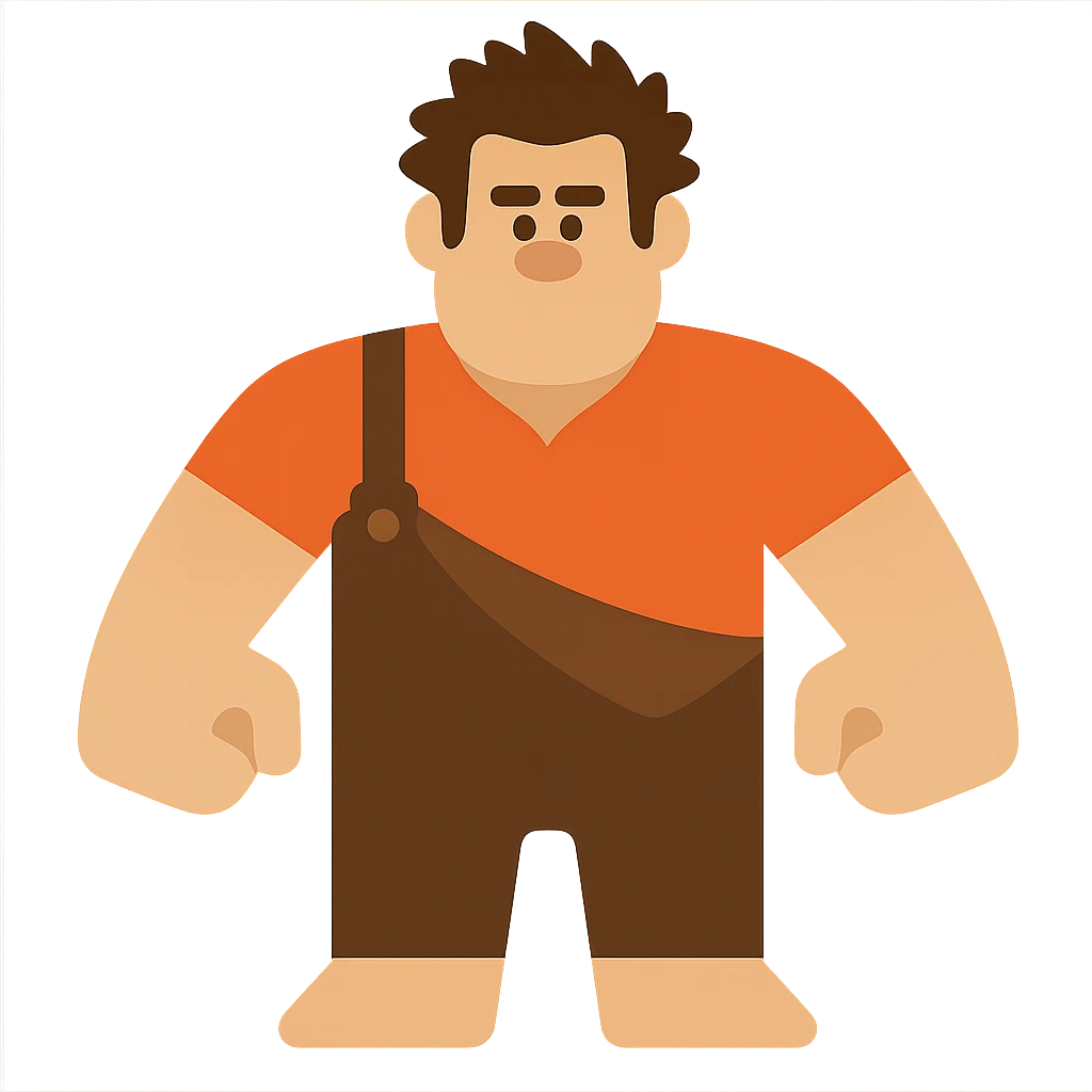 Wreck-It Ralph man with short messy hair, brown overalls, boxy figure with big arms emoji