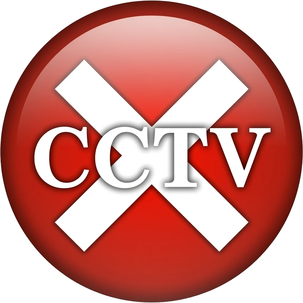 Red filled circle with white X and arrow end points on the X. CCTV word in the centre emoji