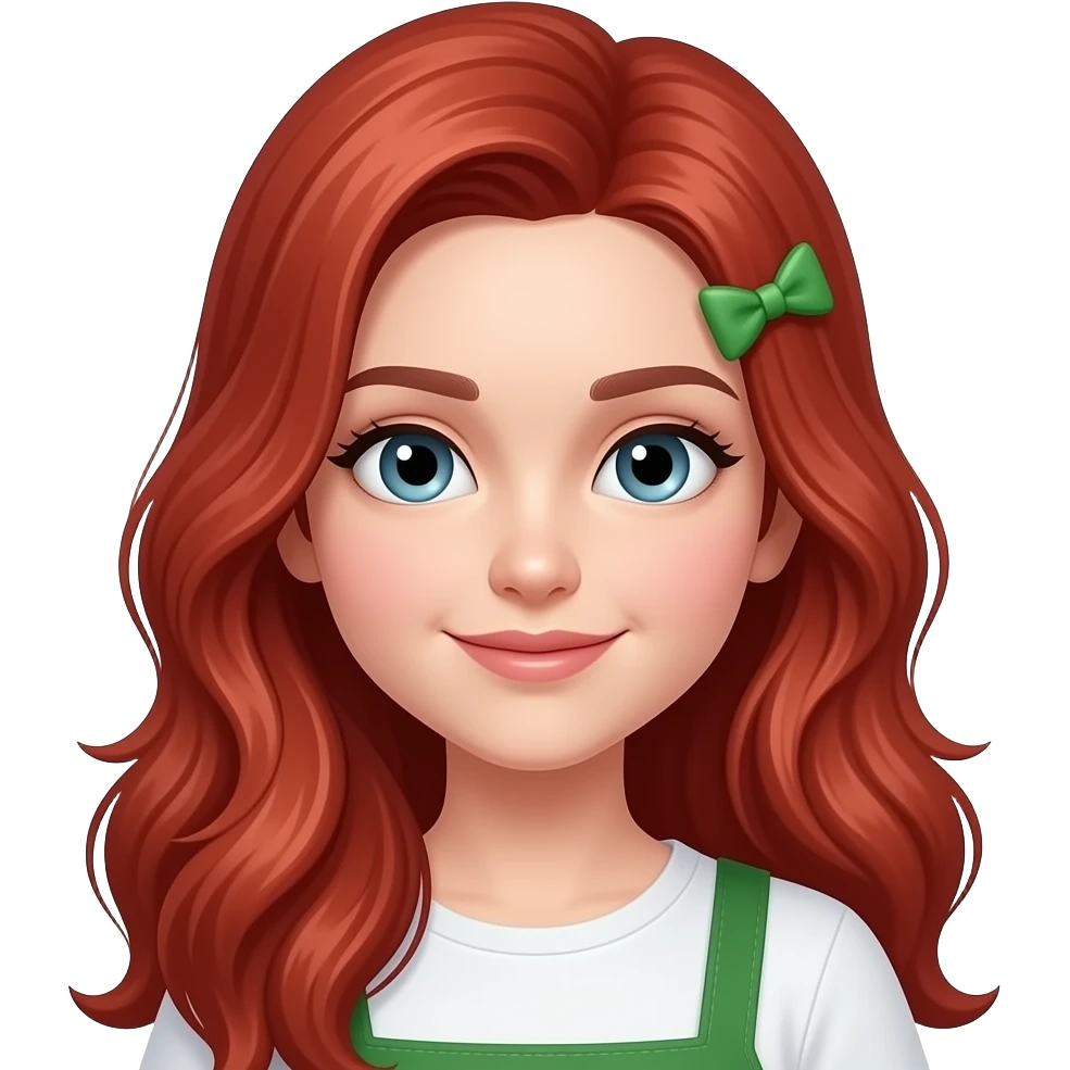 a girl in long red hairs wear a green bow clip emoji