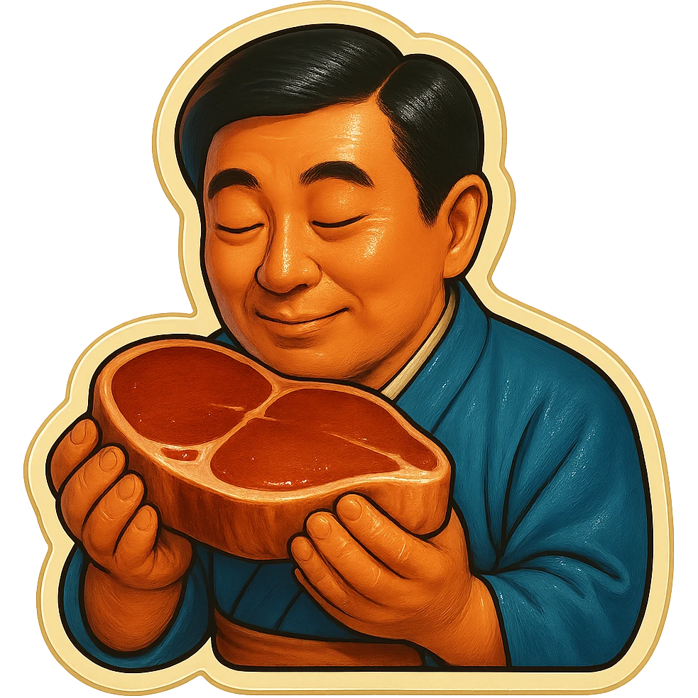 A Japanese man in traditional kimono with a loving look holds a steak in his hands, preparing to eat it emoji