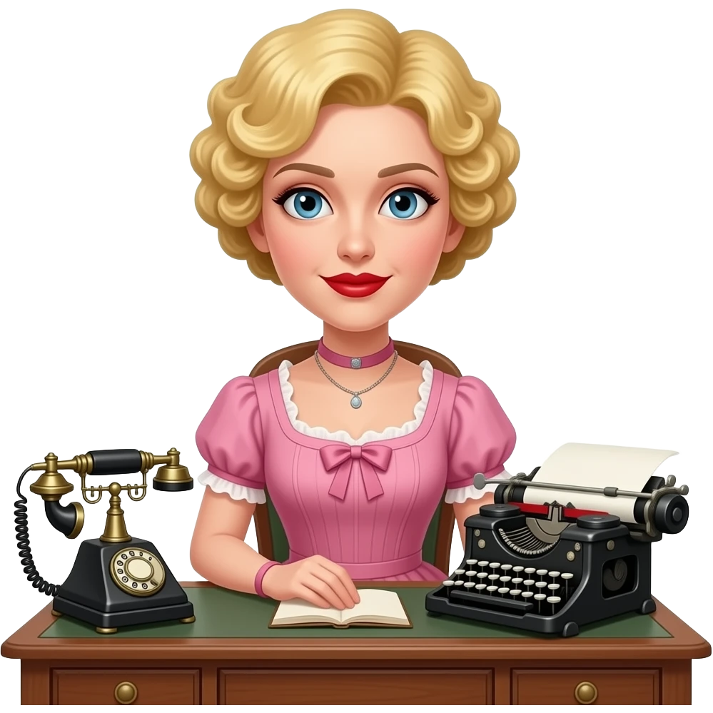 short blonde curly pixie hair in a 1800 pink dress in an antique desk, antique phone, and antique typewriter with red lipstick emoji