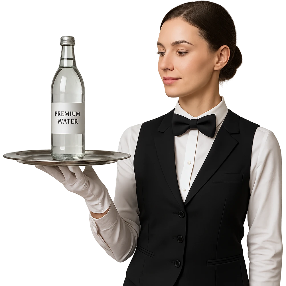 premium water bottle exposed on a premium plate by a high standard waitress emoji