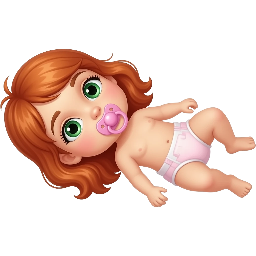 Red-headed green-eyed girl laying on back and wearing a pink diaper sucking on pacifier emoji