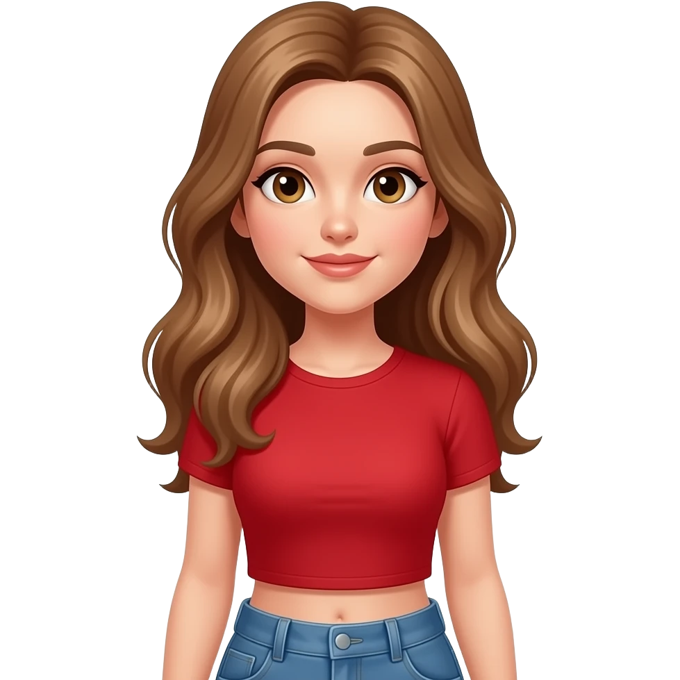 Rapunzel looking woman with red sexy crop top and jeans but with light brown hair and hazel eyes emoji