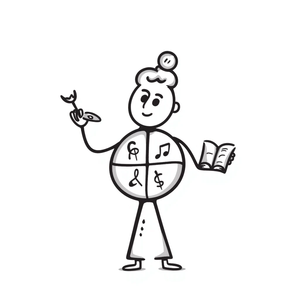 Hand-drawn metal man figure with a circular body divided into four segments, each containing symbols for different art forms: visual, musical, theatrical, and literary arts emoji