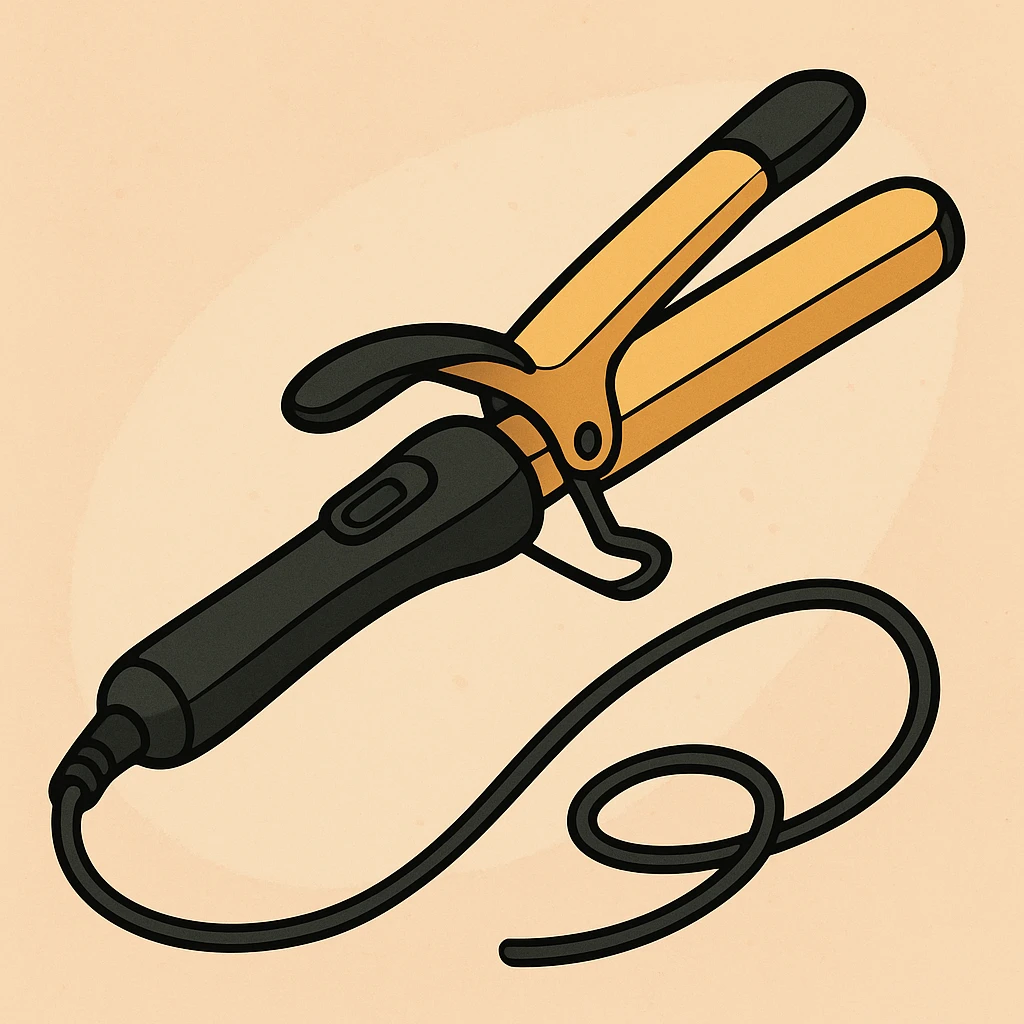 cartoon style curling iron, slightly open, black base, gold plates, electrical cord emoji