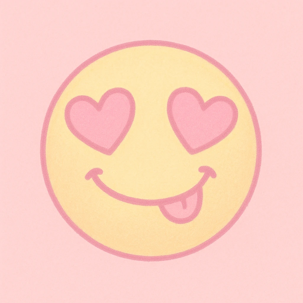 cute emoji, heart eyes, playful grin, pastel pink and yellow emoji