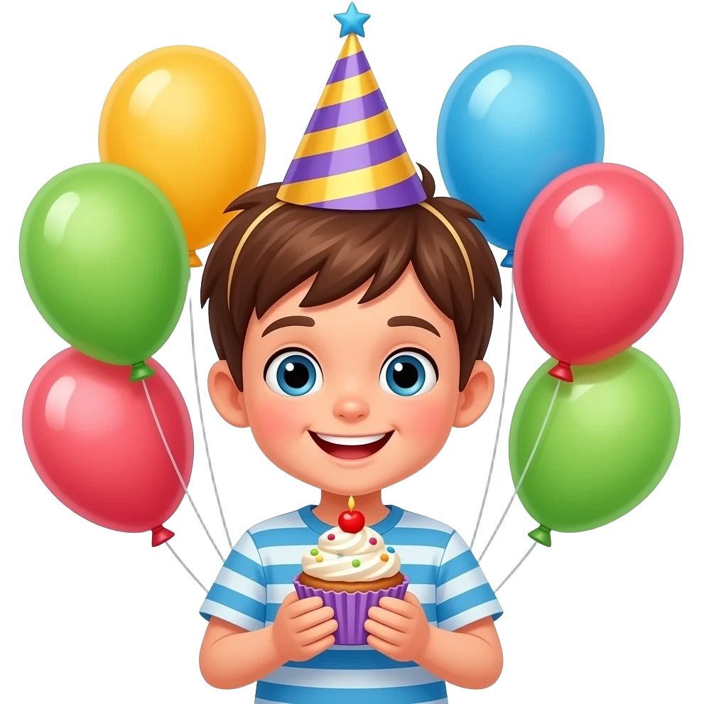 Happy and serene young brown hair boy birthday party celebration emoji