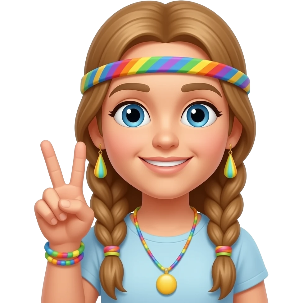 Rainbow Hippie light brown hair with braids holding peace sign fingers emoji