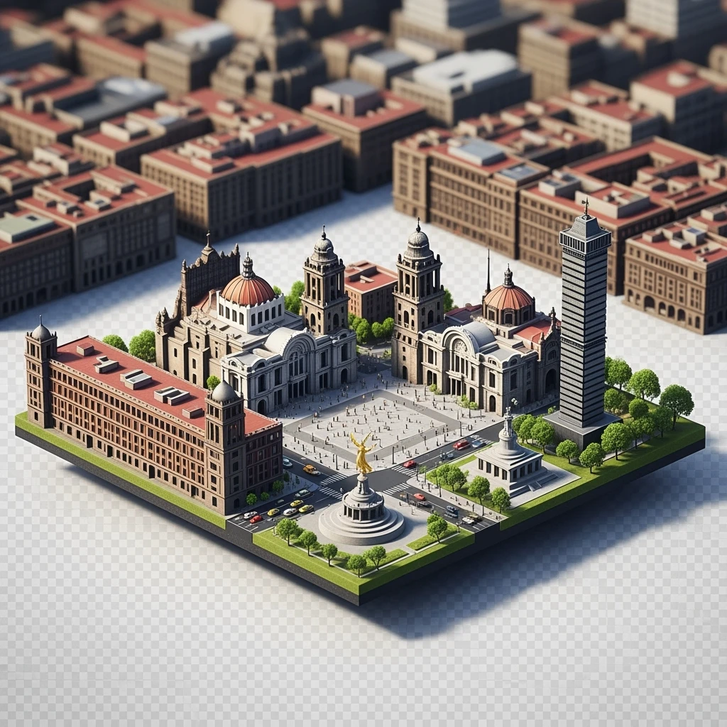 Isometric miniature of Mexico City Zócalo square with Metropolitan Cathedral, Palacio de Bellas Artes, Torre Latinoamericana, Chapultepec Castle, and Angel of Independence, atmosphere of the city 3D miniature effect and Tilt Shift effect, no cartoonish look, transparent background. emoji