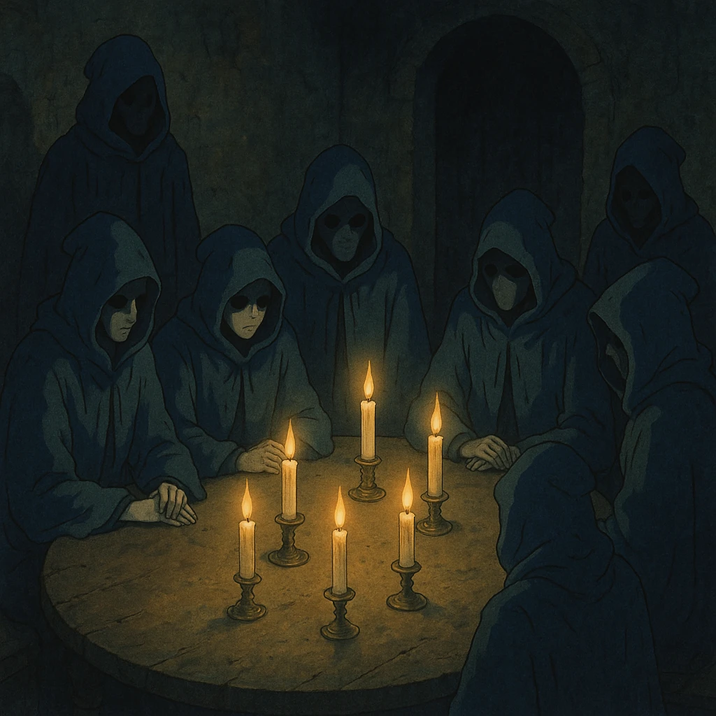 mysterious conclave gathering with hooded figures around a table illuminated by candlelight in ghibli style emoji