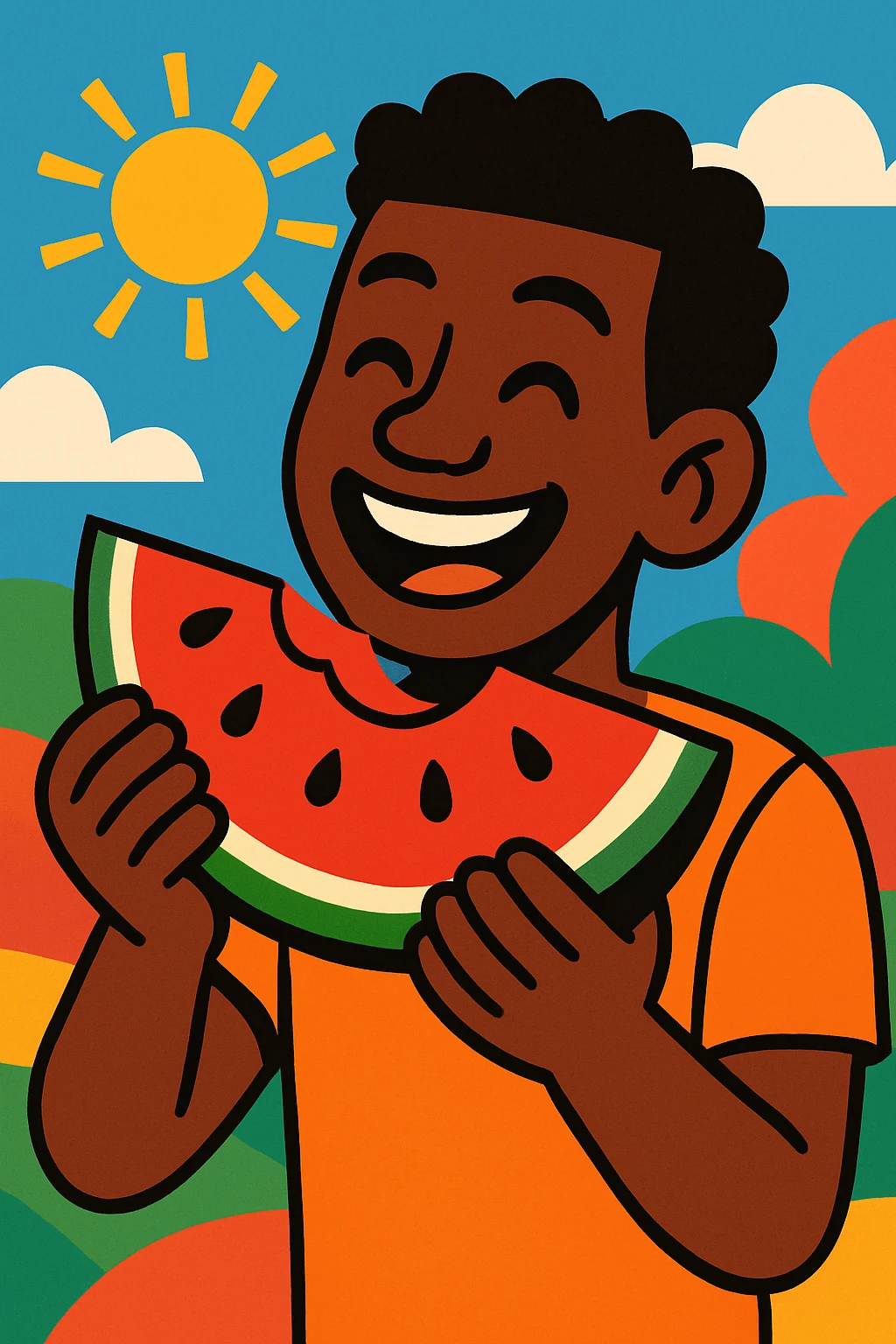 a Black person enjoying watermelon, smiling, vibrant and cheerful, modern illustration emoji