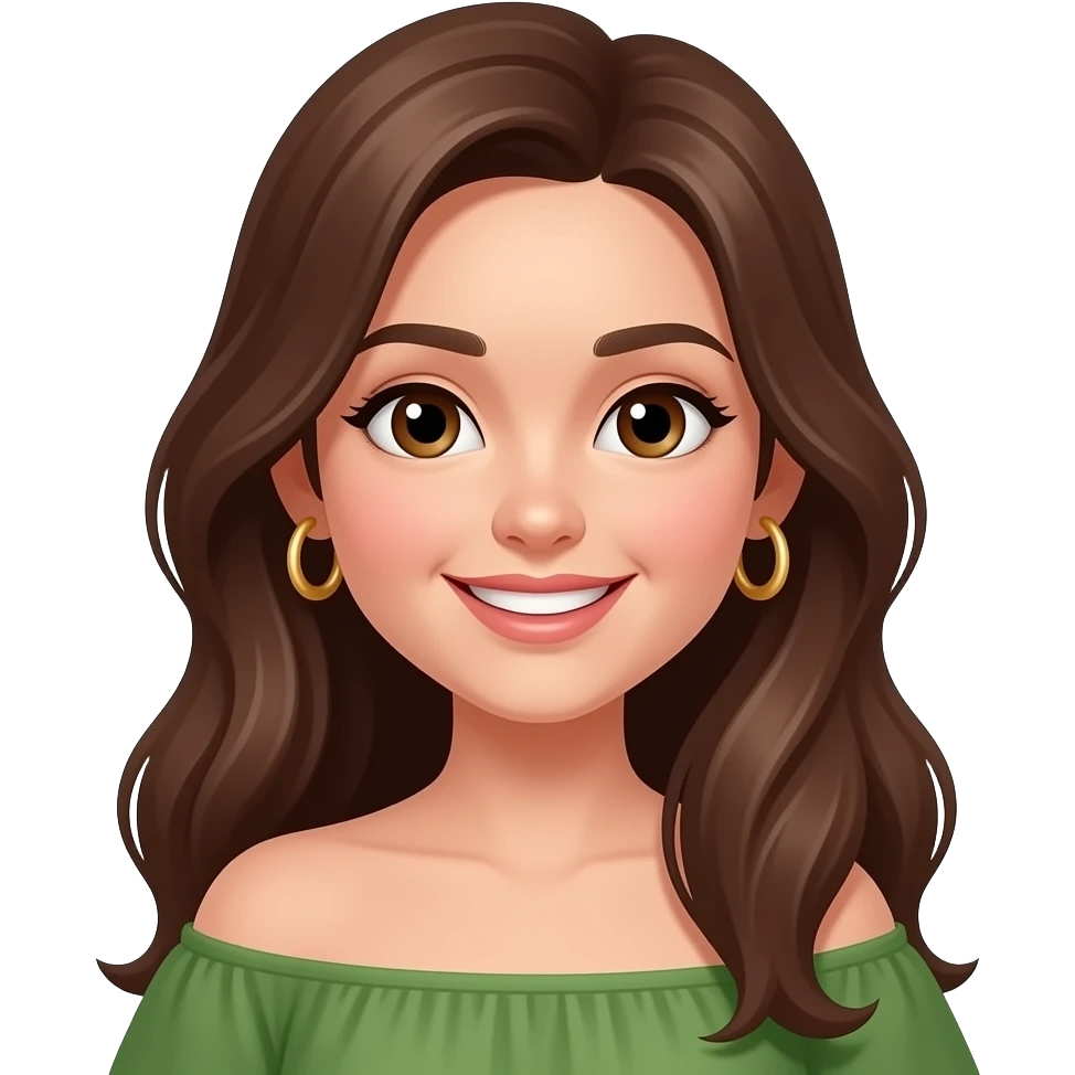 Change earrings in image to stud gold hoop, https://www.emojis.com/emoji/girl-like-https-www-emojis-com-emoji-emoji-vd96a8gmudc-but-with-light-brown-ha-nuWX2TKEkUR, long brown hair, smile with teeth, brown eyes, green dress with shoulders emoji