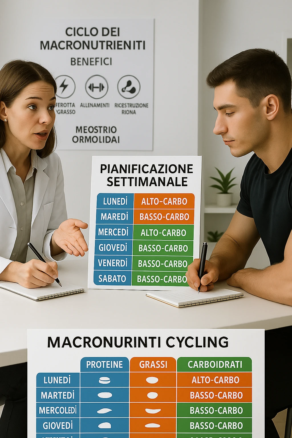 a nutritionist explains to an athlete how to cycle macronutrients for fat loss and training. On the desk, a weekly meal planner shows alternating high-carb and low-carb days, with color-coded sections for proteine, grassi, and carbo. The athlete takes notes, and a chart in the background illustrates the benefits of nutrient cycling. The mood is professional and educational. scritto in italiano emoji