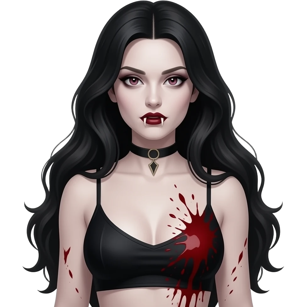 Faça uma mulher igual a katherine Pierce em forma vampira com um top reto marcando um pouco dos seios com sangue respingado perto deles e com cabelo longo 3 as presas aparentes emoji