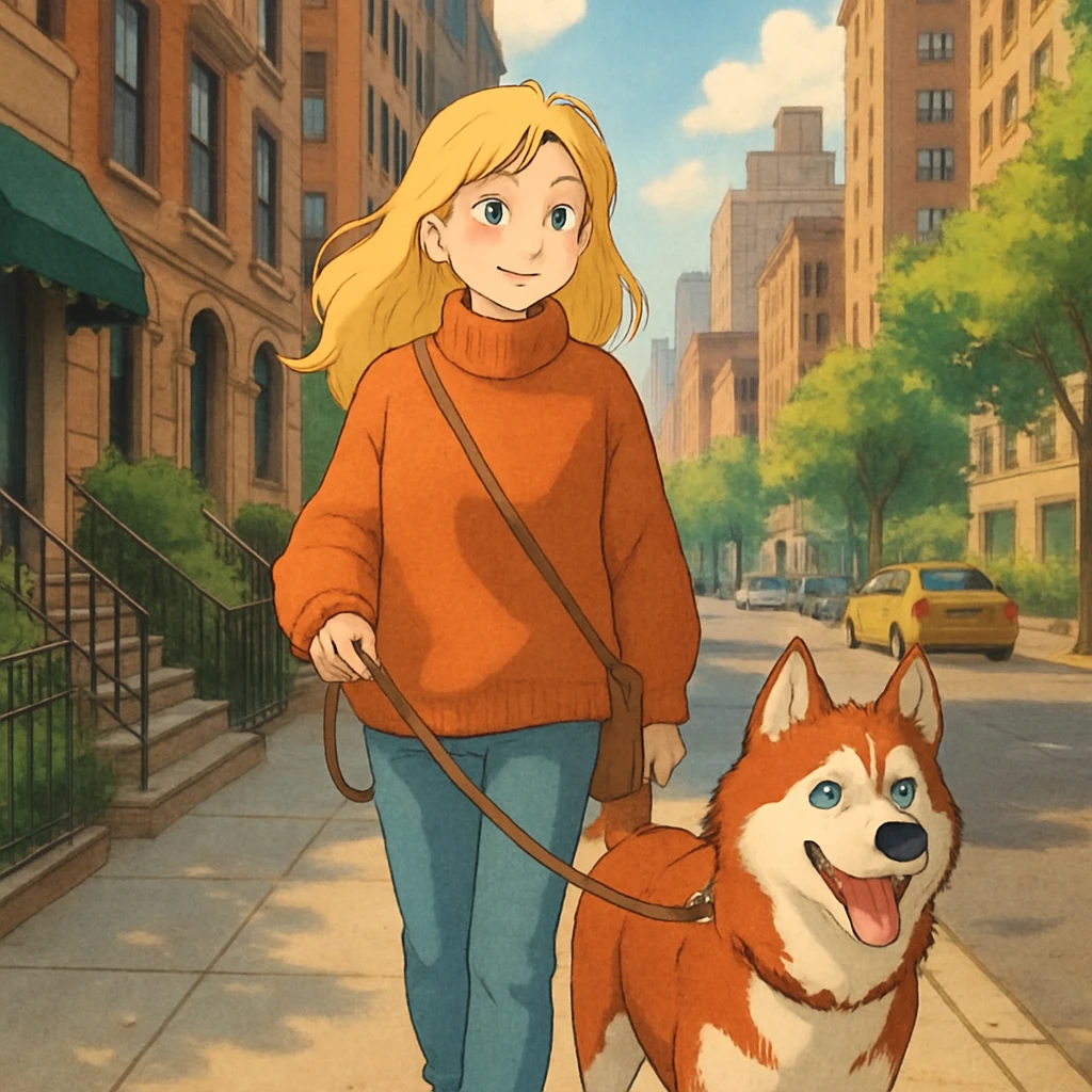 Cute Blonde woman wearing a sweater walking a happy red-brown blue-eyed Siberian husky in New York City on an upper east side city sidewalk  emoji