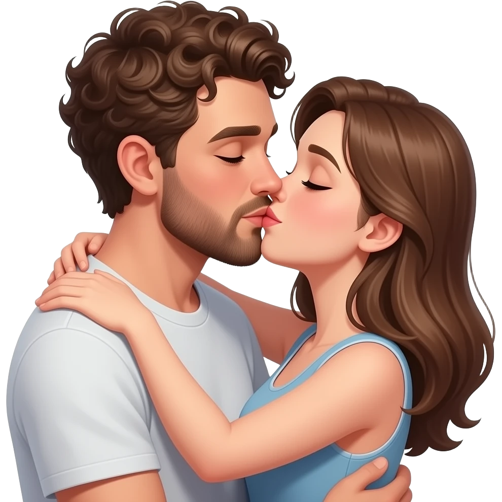 Realistic white skin man super short curly brown hair with beard kissing passionately and hugging realistic white girl brown hair emoji
