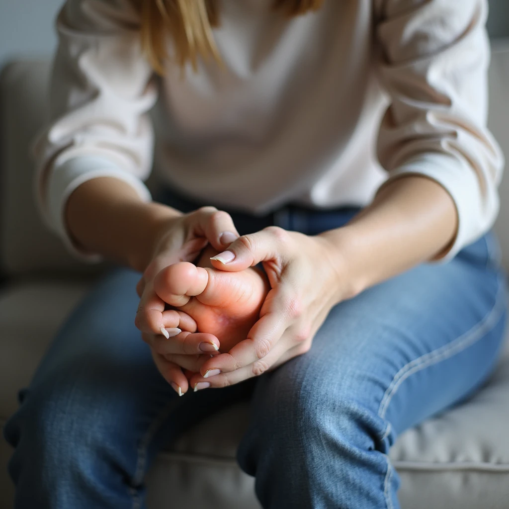 adult woman sitting holding painful foot, pain also in knees, caused by orthotic insole, realistic style, natural details, light background emoji