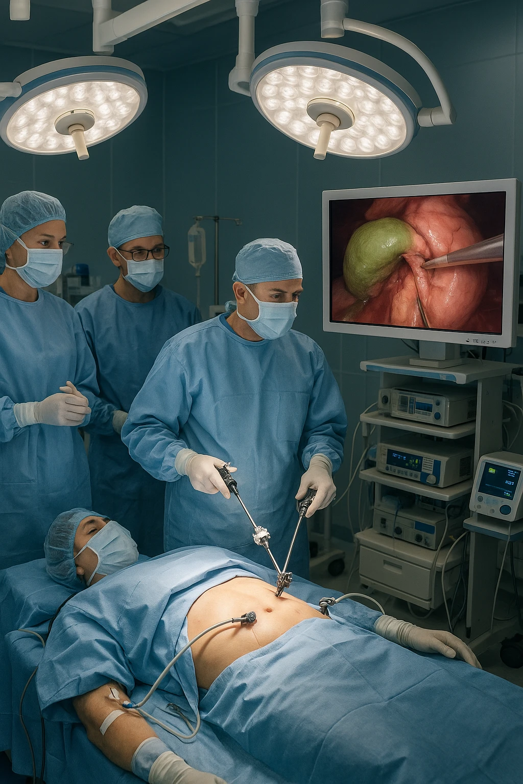 A realistic, clinical image inside a modern operating room during a laparoscopic cholecystectomy (gallbladder removal surgery). A team of surgeons in sterile gowns, masks, and gloves focus intently on the patient lying on the operating table. High-tech laparoscopic instruments are inserted through small incisions in the patient’s abdomen. On a large screen nearby, a close-up video feed shows the gallbladder being carefully dissected and removed using precise surgical tools. The environment is brightly lit with cool white surgical lights, and all medical equipment is clean and state-of-the-art. The mood is professional and sterile, conveying a sense of precision, care, and medical expertise. The patient is under anesthesia, covered with sterile drapes, with monitoring devices attached emoji