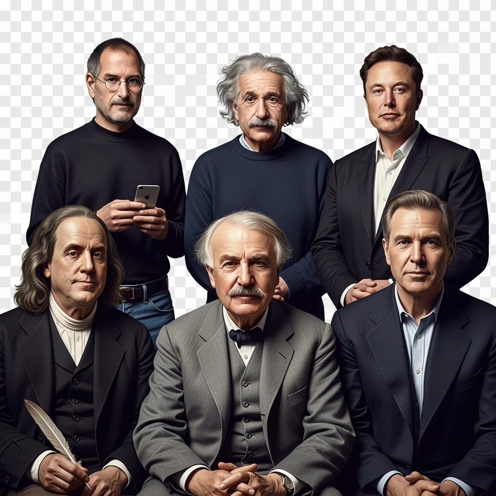 Generate in realistic style Franklin, Edison, Henry Ford in the first row, Einstein, Jobs and Musk in the second behind them. png on transparent background emoji
