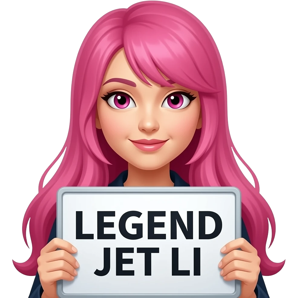 sexy girl with long pink hair and pink eyes holding LEGEND JET LI sign emoji