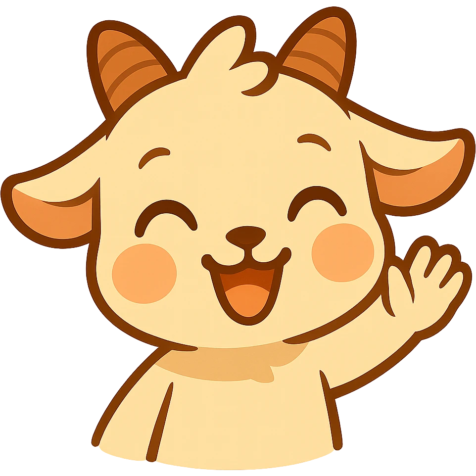 Chibi baby goat with a joyful expression, waving hello with one hoof, simple clean chibi stickers style, designed for a small emote, white background. emoji