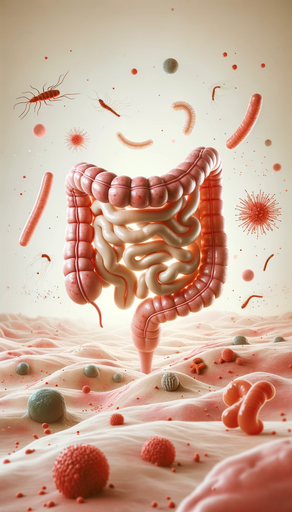 intestino umano anatomico con batteri e parassiti che gli fluttuano dietro, sfondo beige chiaro emoji