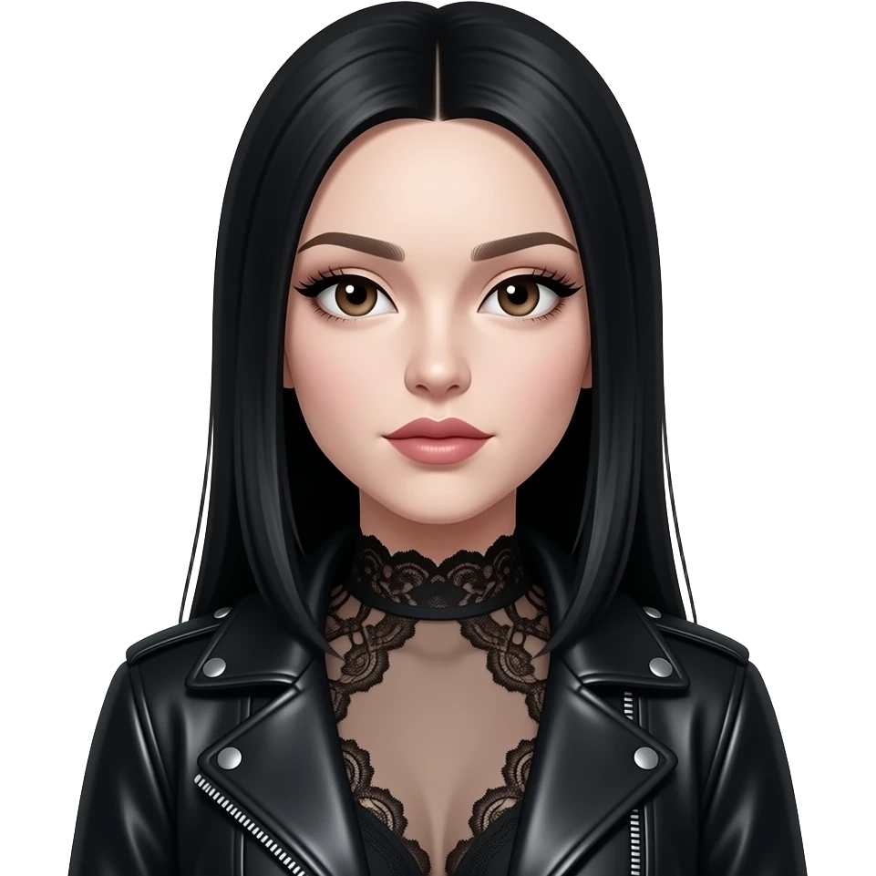 Beyaz tenli yani ten rengi çok açık olsunsiyah uzun düz saçlı hafif çekik gözlü kahverengi gözlü uzun kirpikli üzerinde siyah dantelli kıyafet var üstünde deri ceket dudakları kalın büyük soğuk tonlarda makyaj olsun yüzünde pürüzsüz bir cildi olsun emoji