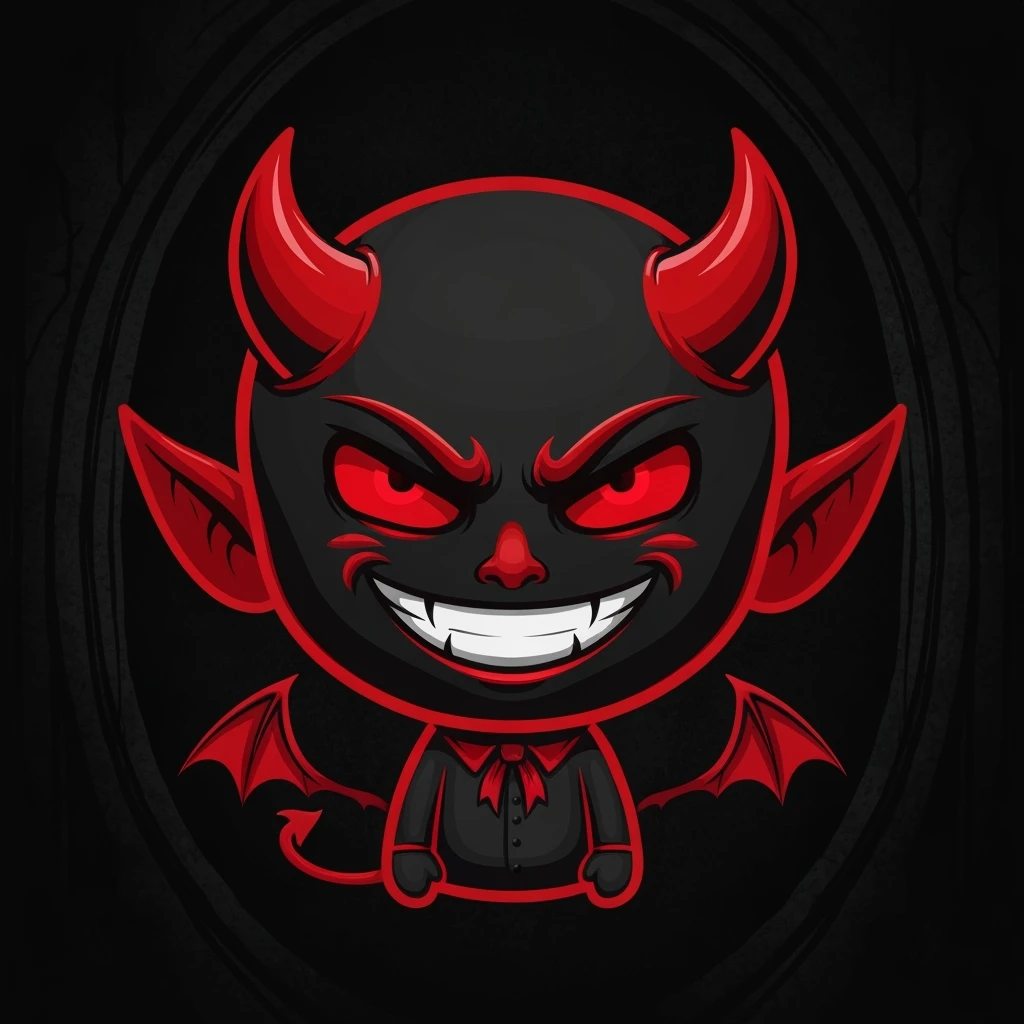 devil emoji, chibi style, gothic palette with black and red, small horns, mischievous grin emoji