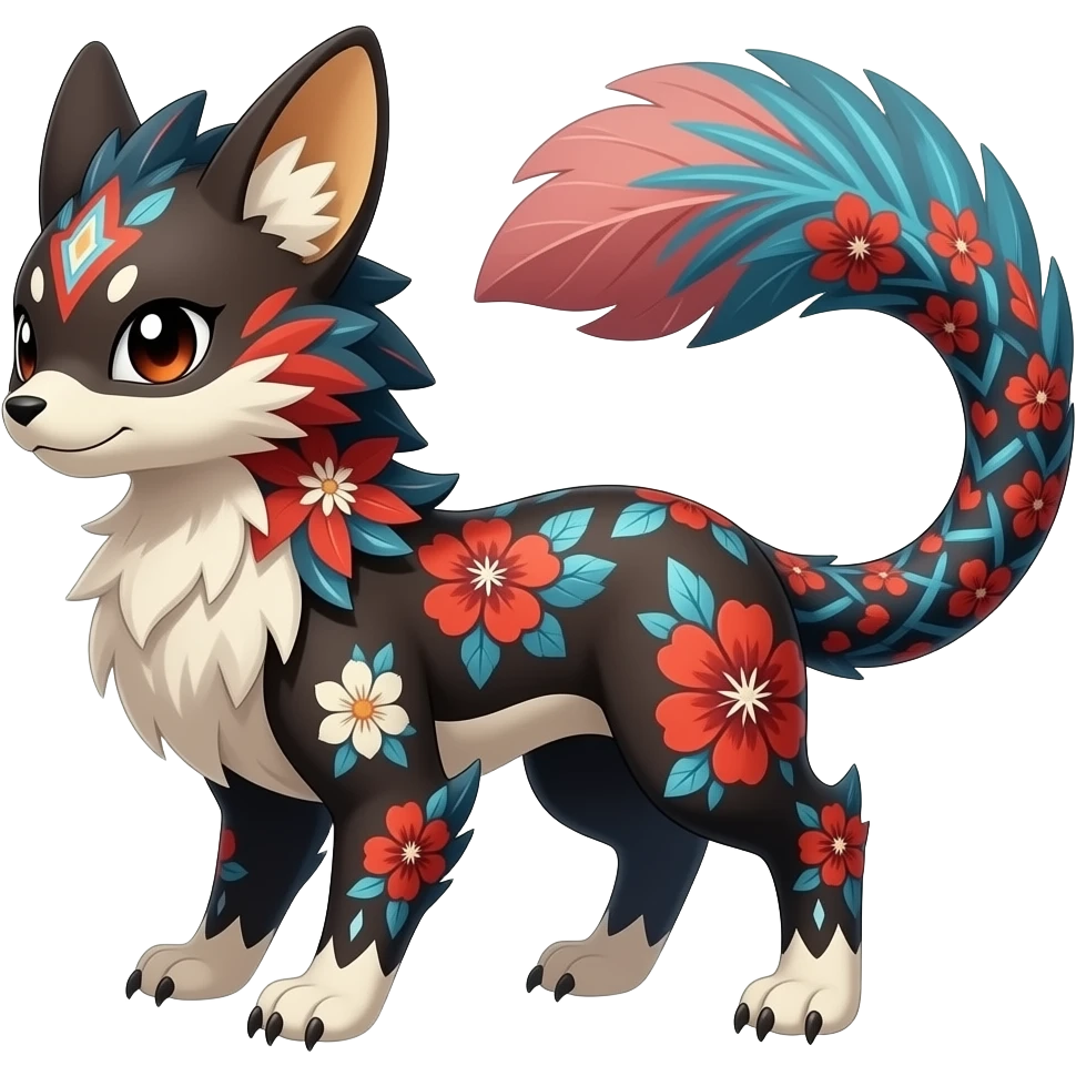 Floral-patterned majestic feathery elegant realistic stylish Furry, fluffy feathery tropical painted scaly, dark-brown, sanguine-red, blue, white, black, Minccino-Bambino-Lykoi-Linoone-Zangoose-fusion-hybrid-animal-Fakémon-creature, full body, thin long sleek scaly tail, intricate markings emoji