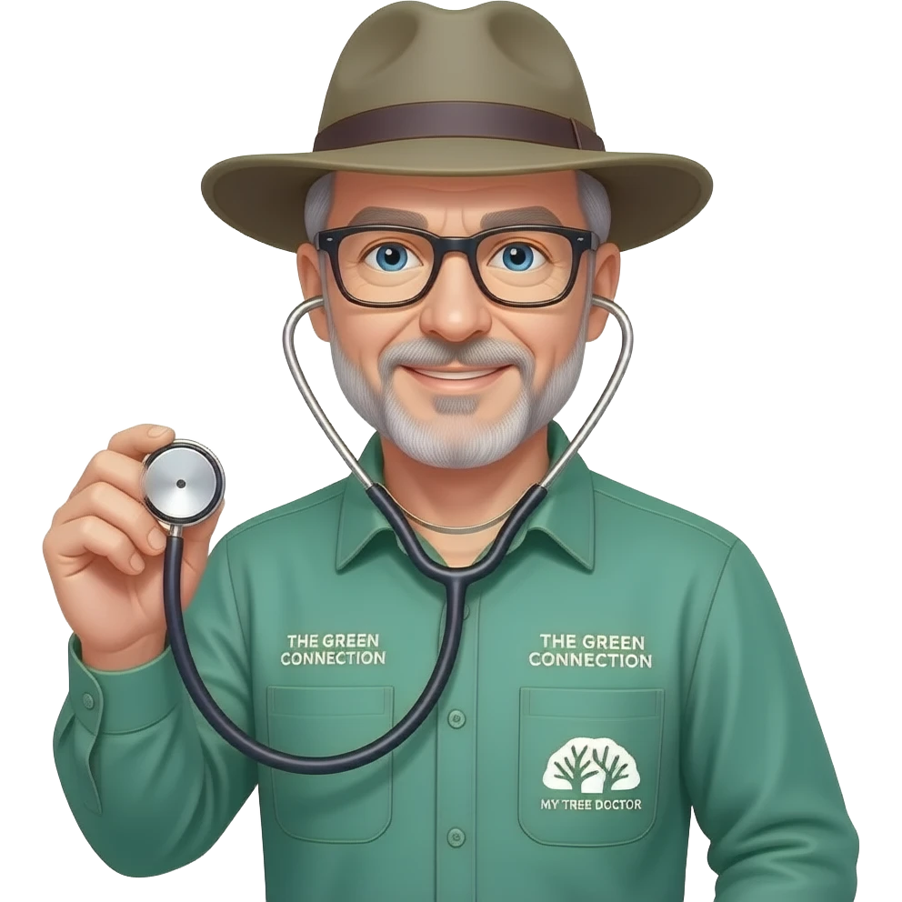 middle-aged man blue eyes. Dark rectangle glasses, in a green-collared, long-sleeve shirt.  Flatter wider-brim Australian Akubru hat. Holding a stethoscope. Insert 'THE GREEN CONNECTION' in white directly onto the left pocket & onto the right pocket, place only the words 'MY TREE DOCTOR' emoji