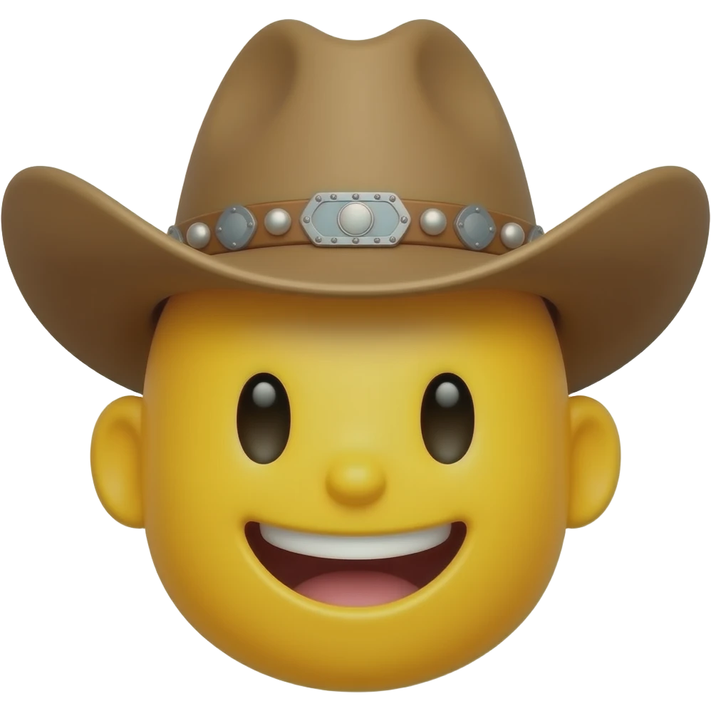 Yellow circle with no nose and eyebrows  and ears having a fancy cowboy hat smiling emoji